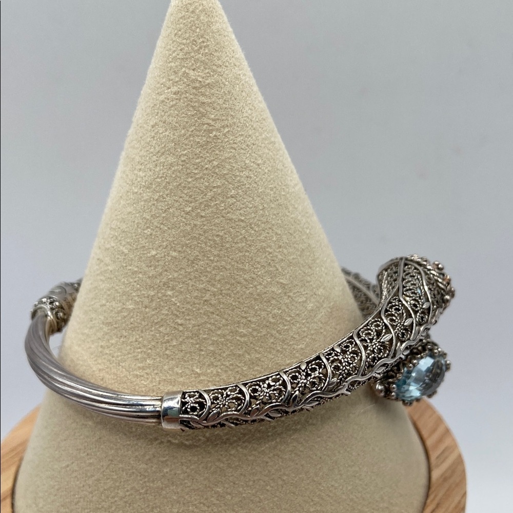 Ottoman Couture Sterling Silver 925 Filigree Bypass Cuff Bracelet Blue Topaz M - Picture 3 of 10